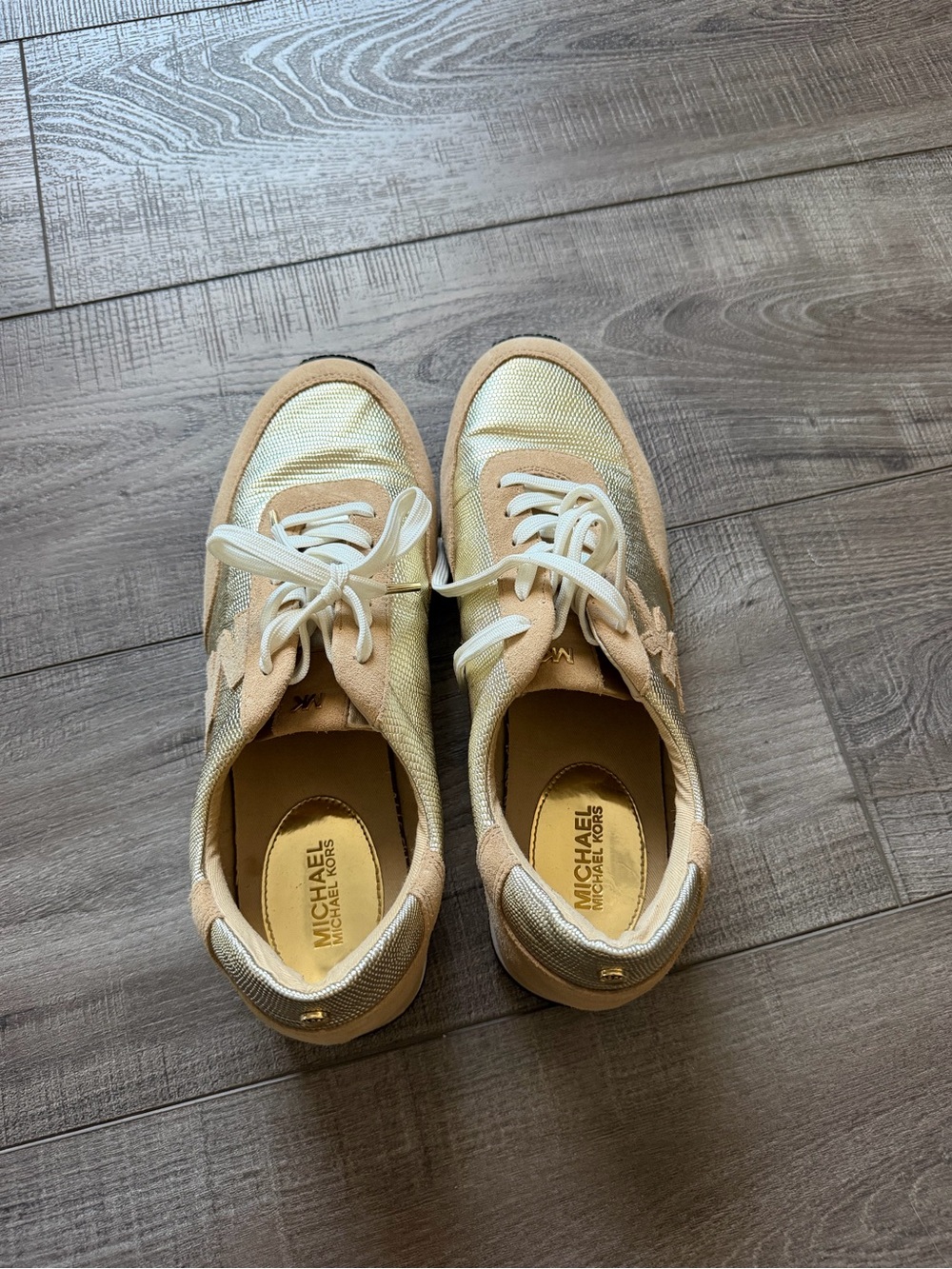 MICHAEL Michael Kors Beige and Cream Lace-Up Sneakers with Gold Accents